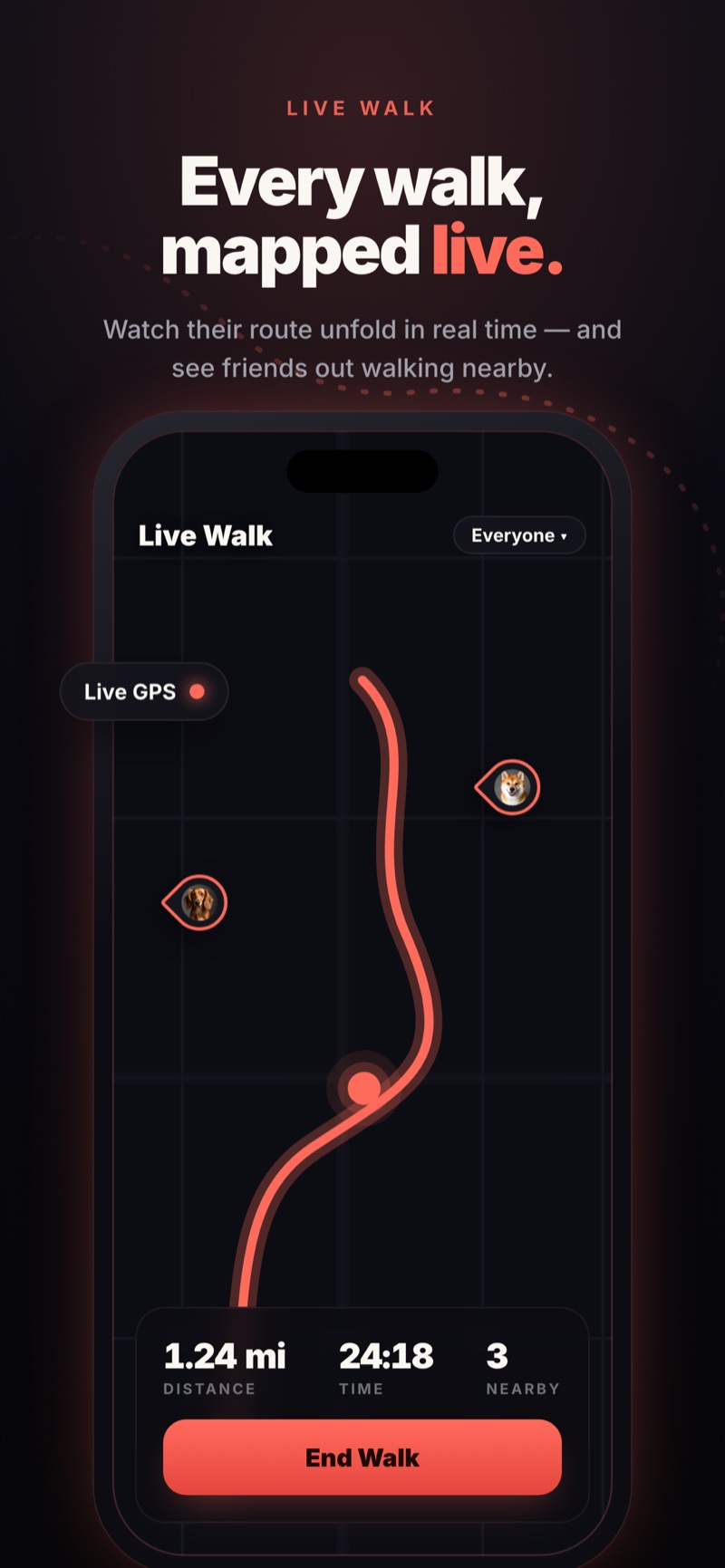 Pawsona — every walk, mapped live in real time