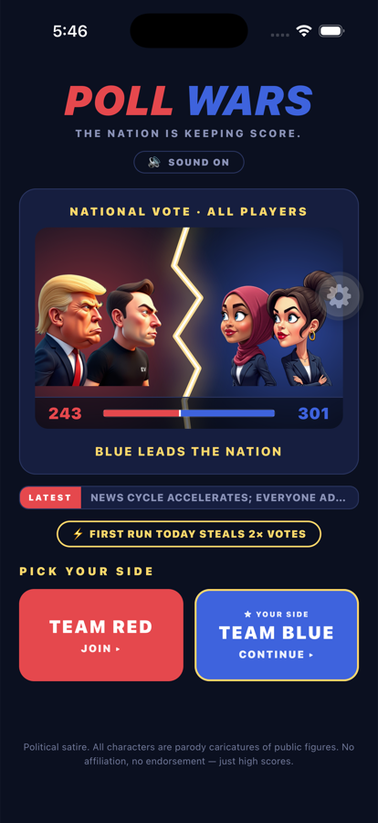 Poll Wars start screen — Red vs Blue face-off