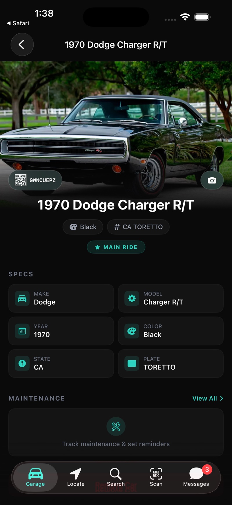 Trace — car profile with QR Trace Tag and specs