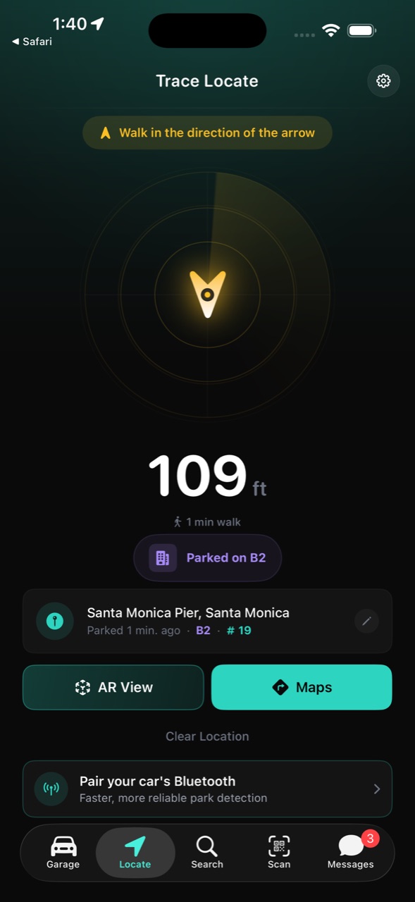 Trace Locate — radar guides you back to your parked car